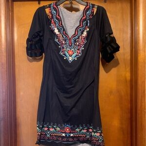 Exclusive Size L Black Floral Bell Sleeve Mini Dress